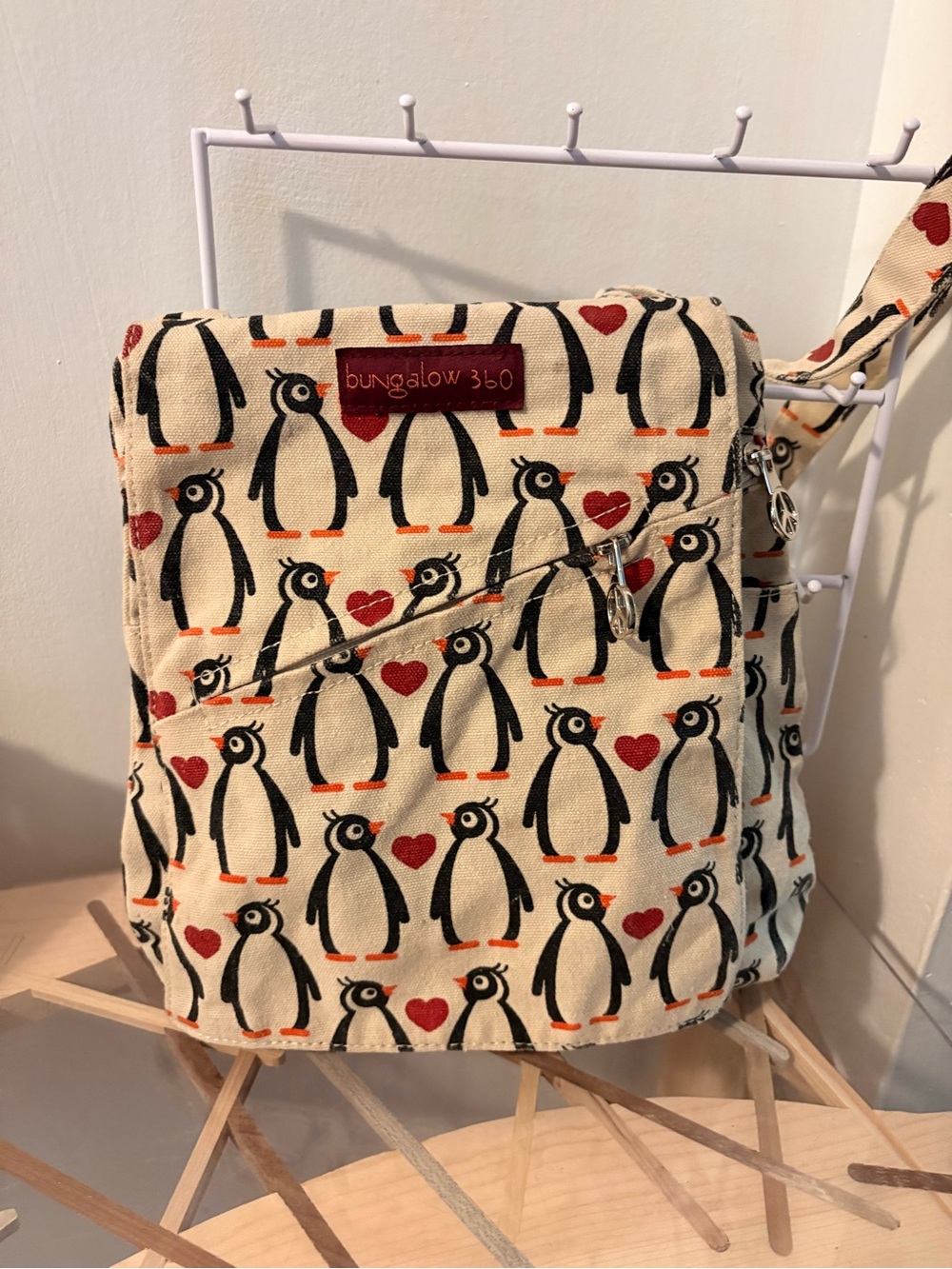 bungalow 360 Cream Penguin Print Kids Crossbody Bag with Red Hearts